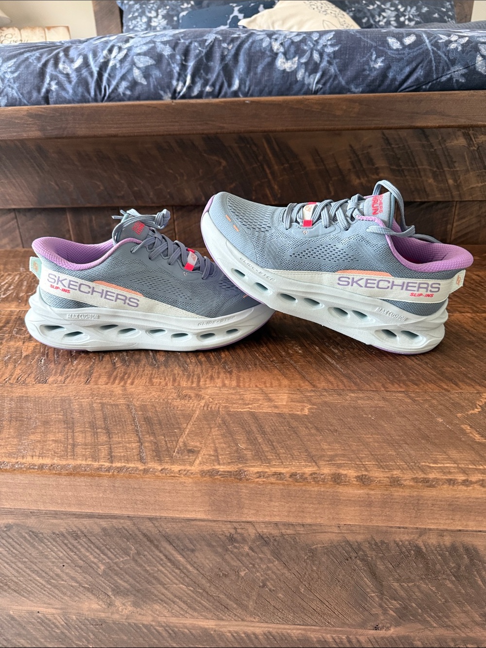 Skechers Women’s Light Gray Athletic Sneakers with Purple Accents
